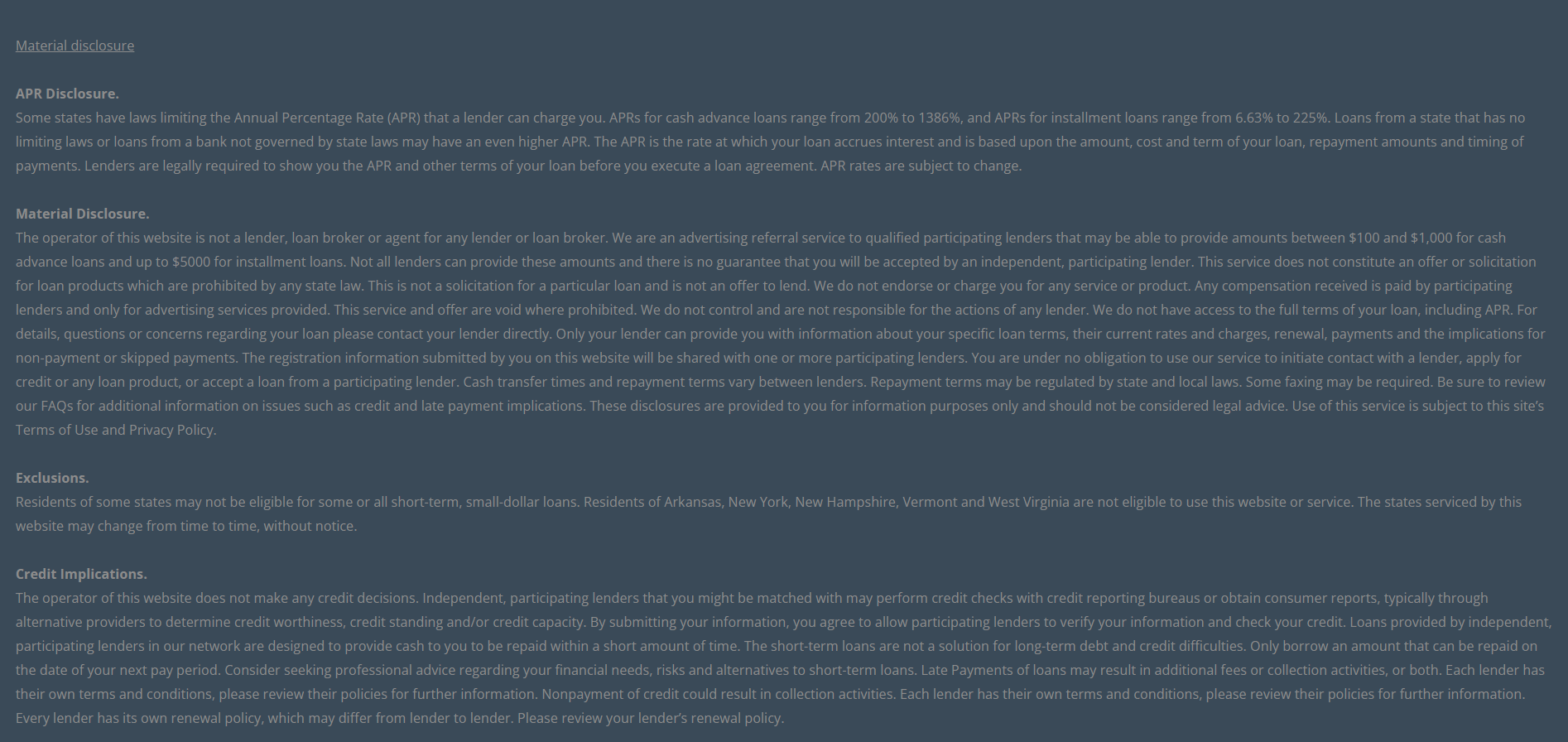 Material disclosure for payday loans in Fort Collins Colorado